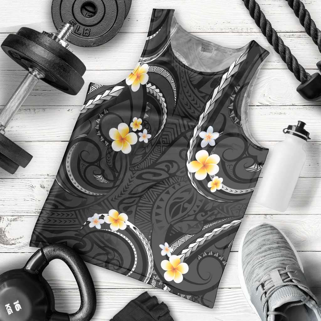 Black And Gray Men Tank Top Curves Polynesian Tattoo Mix Plumeria Flowers LT14 - Polynesian Pride