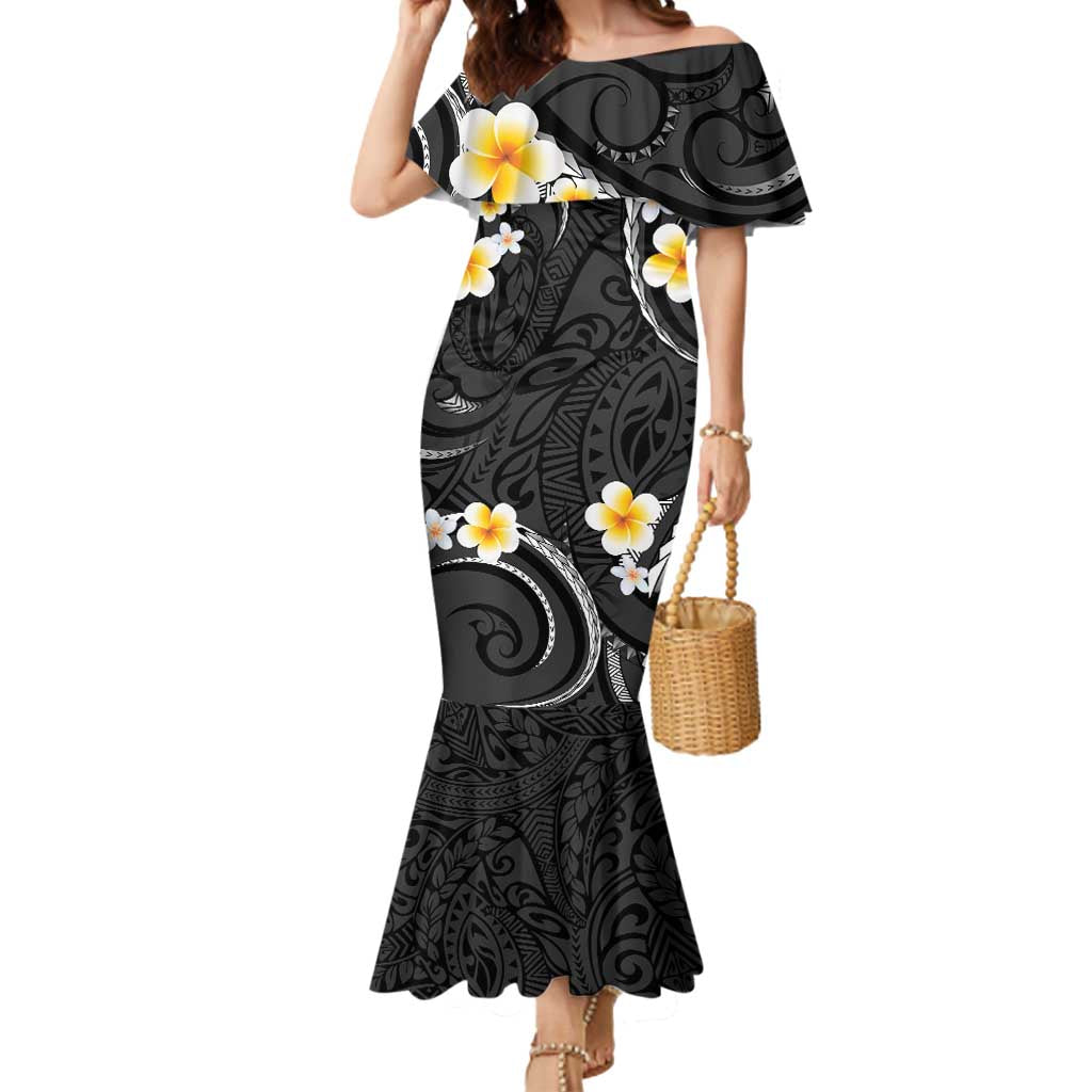 Black And Gray Mermaid Dress Curves Polynesian Tattoo Mix Plumeria Flowers