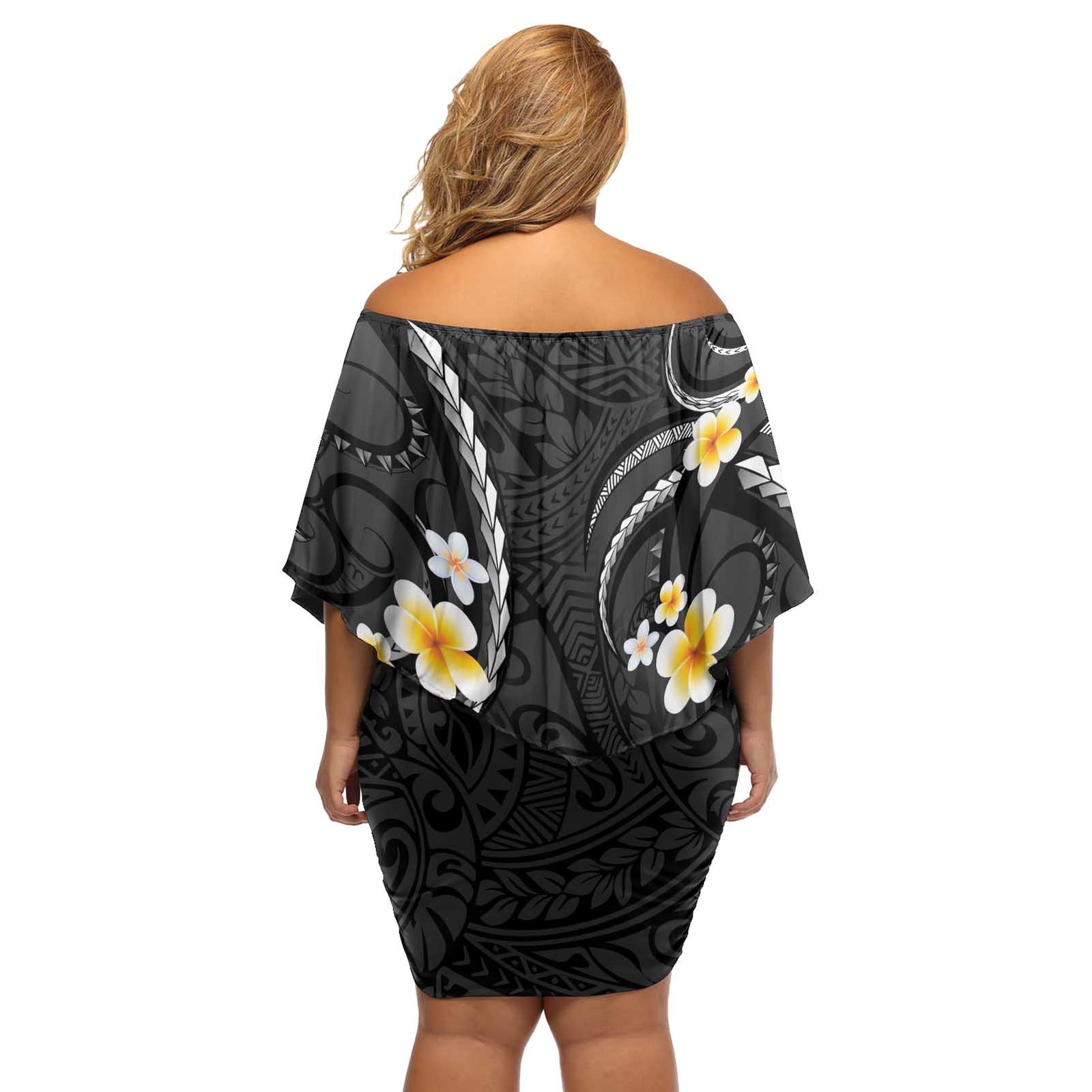 Black And Gray Off Shoulder Short Dress Curves Polynesian Tattoo Mix Plumeria Flowers LT14 - Polynesian Pride