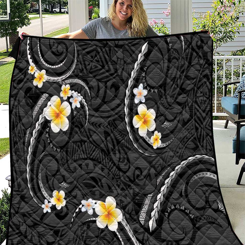 Black And Gray Quilt Curves Polynesian Tattoo Mix Plumeria Flowers