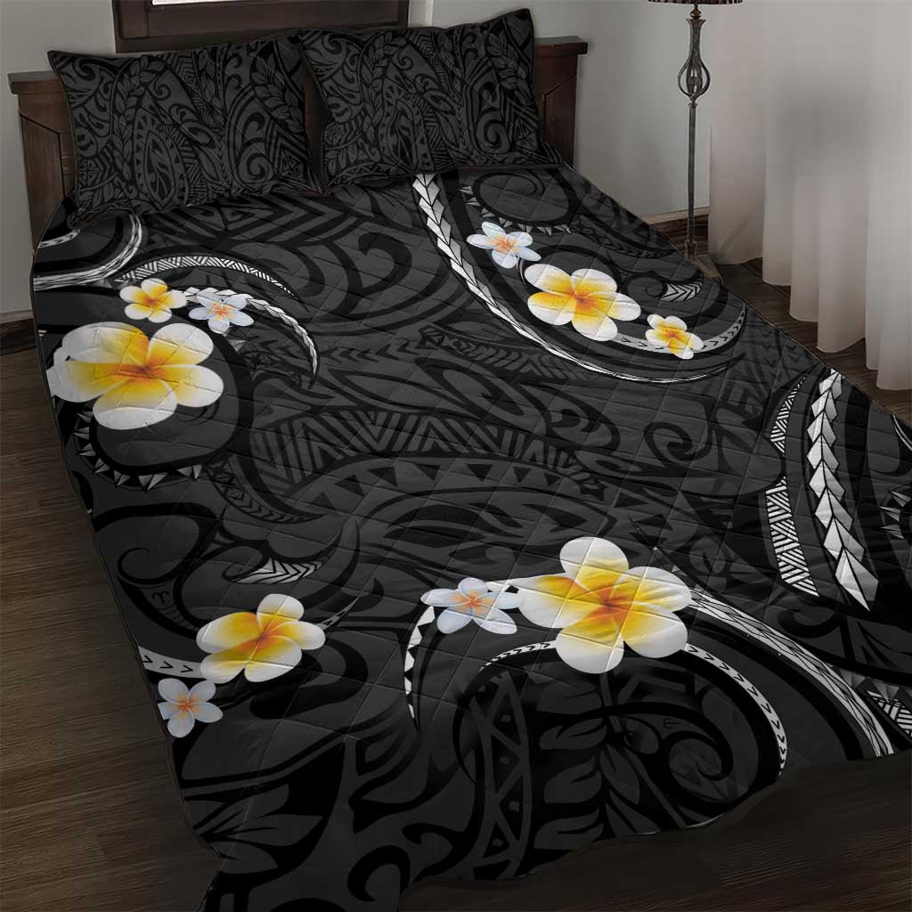 Black And Gray Quilt Bed Set Curves Polynesian Tattoo Mix Plumeria Flowers