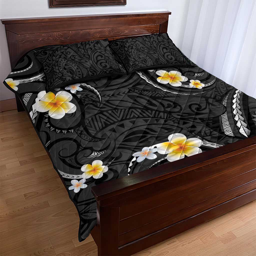 Black And Gray Quilt Bed Set Curves Polynesian Tattoo Mix Plumeria Flowers LT14 - Polynesian Pride