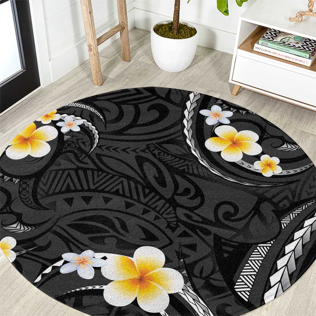 Black And Gray Round Carpet Curves Polynesian Tattoo Mix Plumeria Flowers