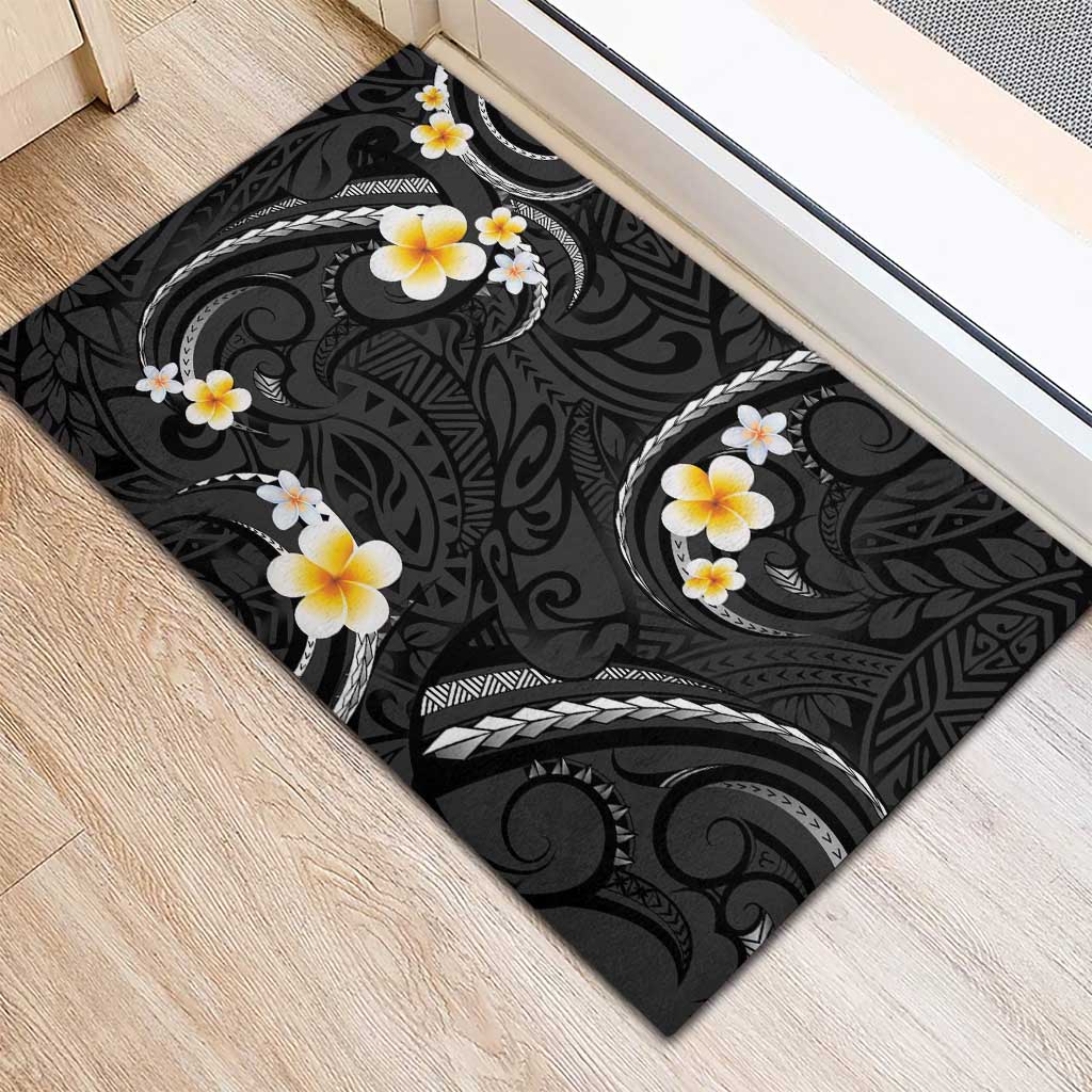 Black And Gray Rubber Doormat Curves Polynesian Tattoo Mix Plumeria Flowers LT14 - Polynesian Pride