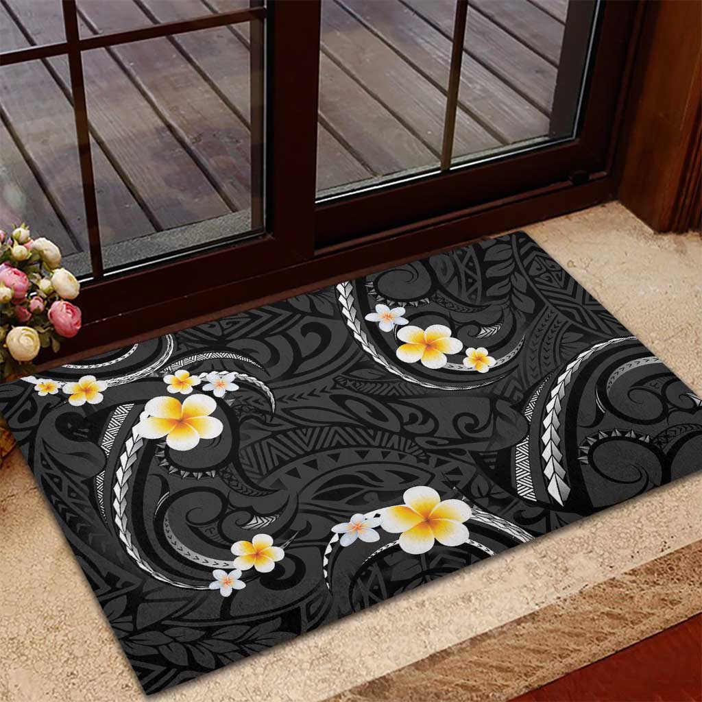 Black And Gray Rubber Doormat Curves Polynesian Tattoo Mix Plumeria Flowers LT14 - Polynesian Pride