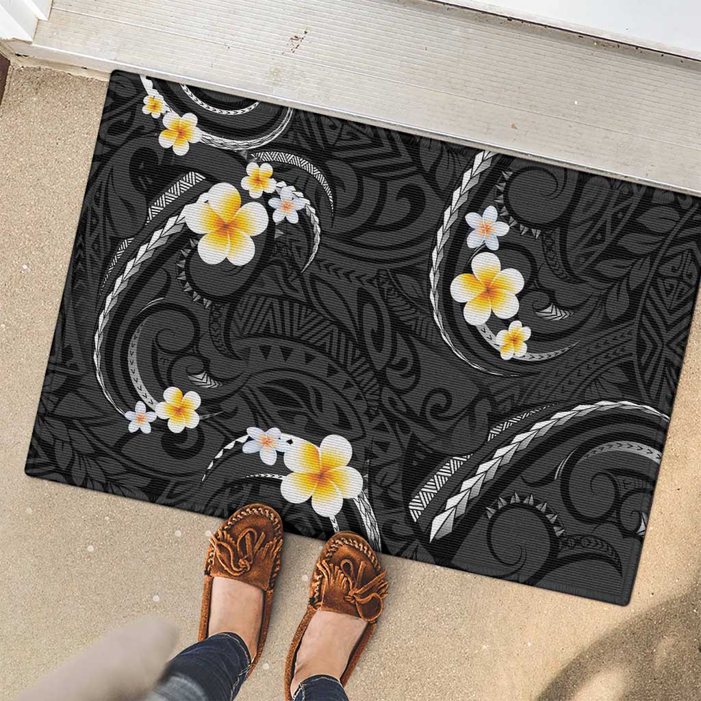 Black And Gray Rubber Doormat Curves Polynesian Tattoo Mix Plumeria Flowers LT14 - Polynesian Pride