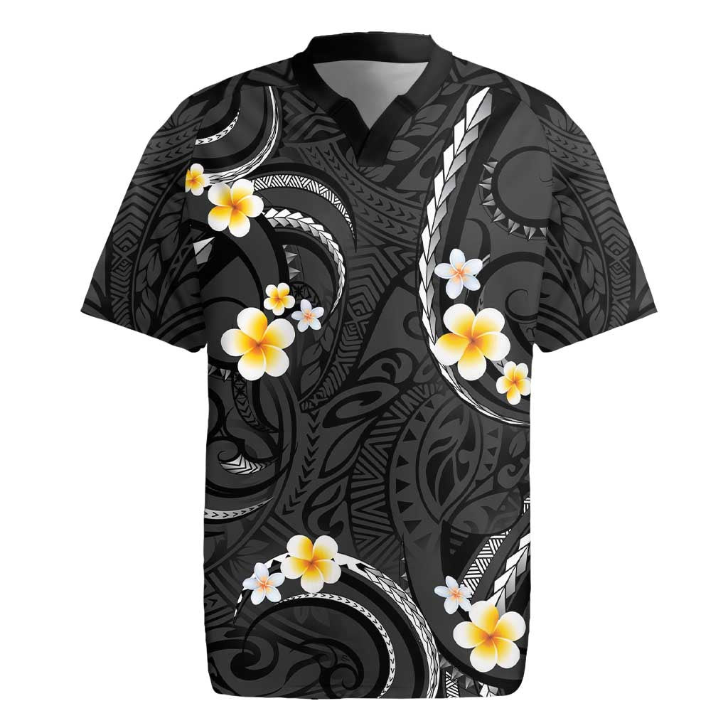 Black And Gray Rugby Jersey Curves Polynesian Tattoo Mix Plumeria Flowers LT14 Gray - Polynesian Pride