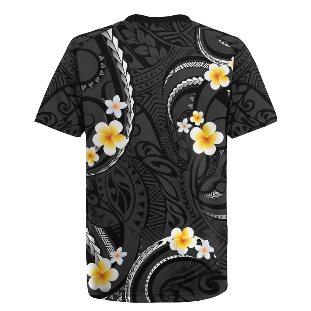 Black And Gray Rugby Jersey Curves Polynesian Tattoo Mix Plumeria Flowers LT14 - Polynesian Pride