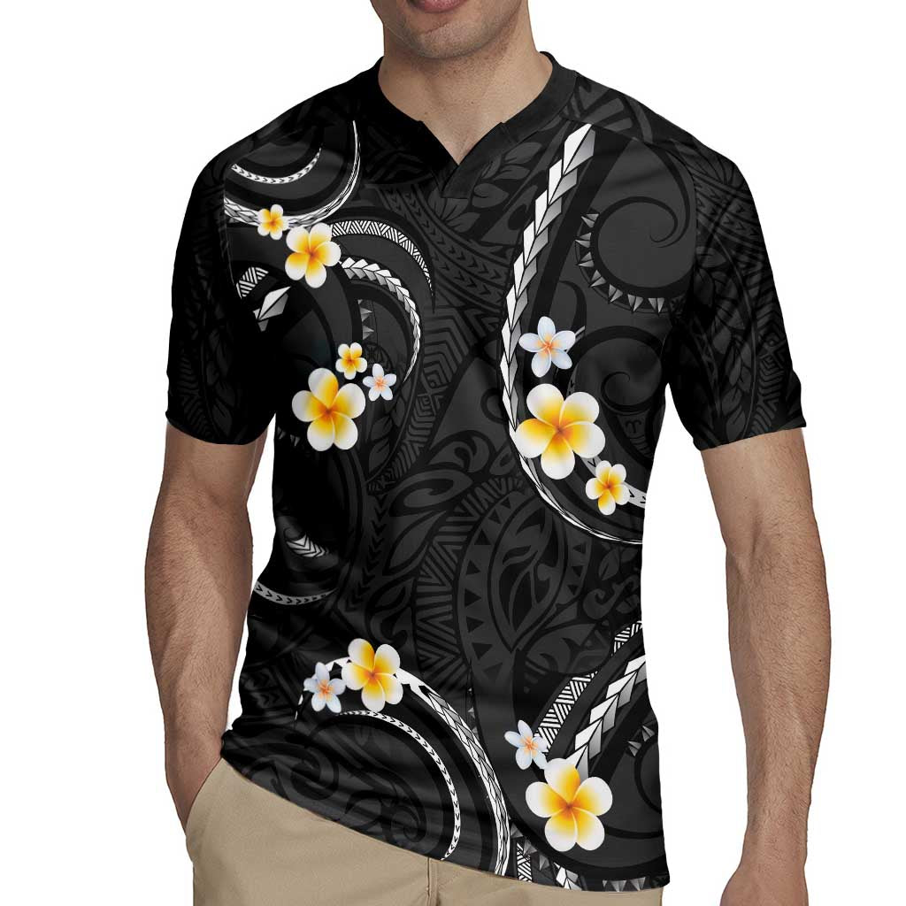 Black And Gray Rugby Jersey Curves Polynesian Tattoo Mix Plumeria Flowers LT14 - Polynesian Pride