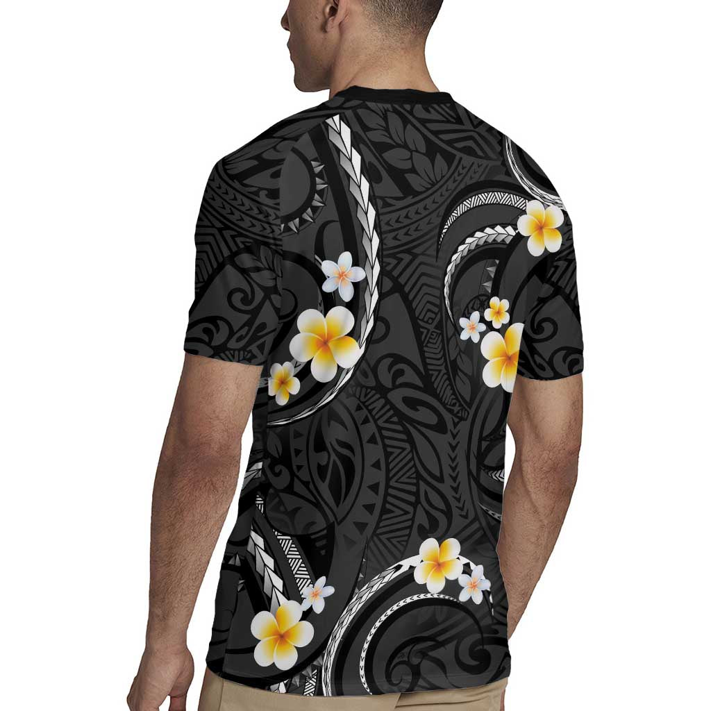 Black And Gray Rugby Jersey Curves Polynesian Tattoo Mix Plumeria Flowers LT14 - Polynesian Pride