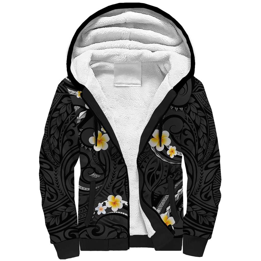 Black And Gray Sherpa Hoodie Curves Polynesian Tattoo Mix Plumeria Flowers LT14 Unisex Gray - Polynesian Pride