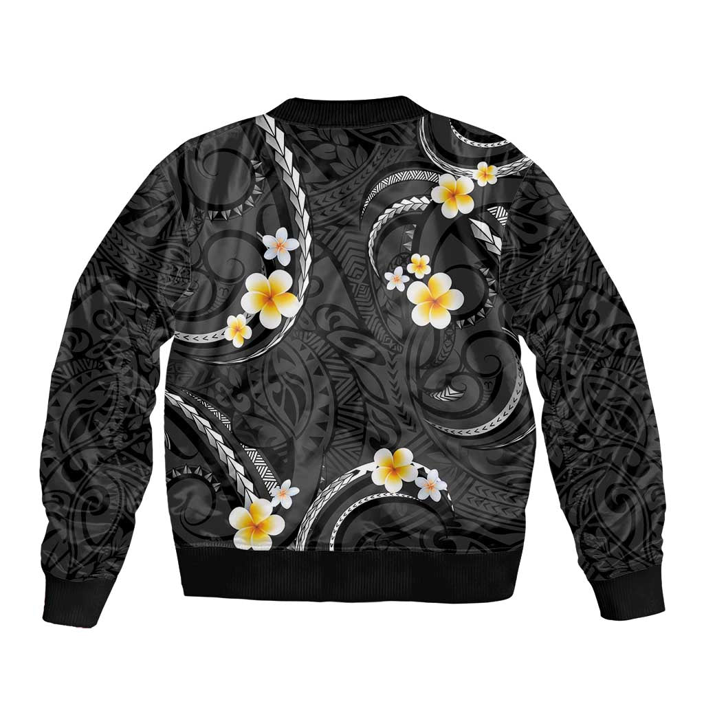 Black And Gray Sleeve Zip Bomber Jacket Curves Polynesian Tattoo Mix Plumeria Flowers