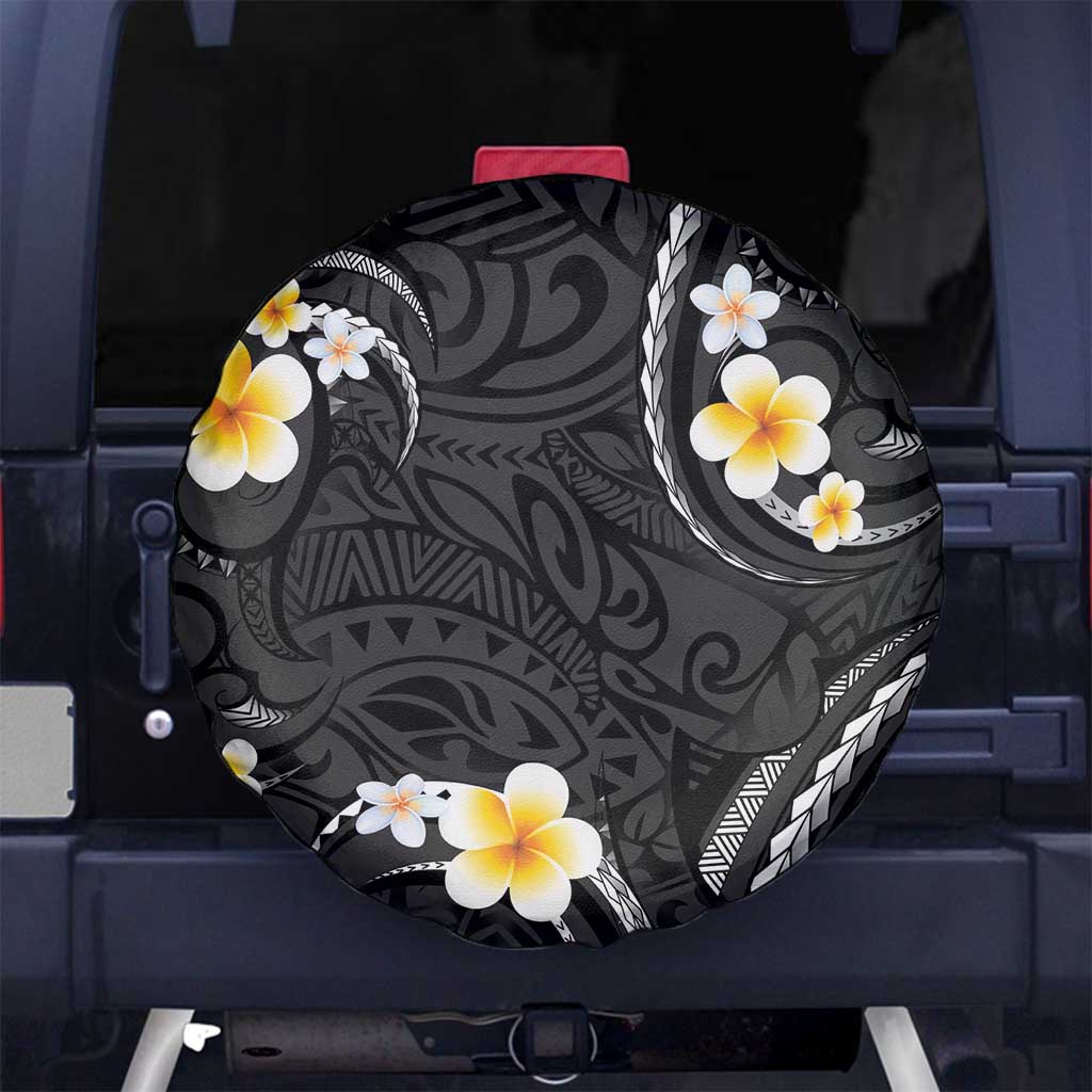 Black And Gray Spare Tire Cover Curves Polynesian Tattoo Mix Plumeria Flowers LT14 - Polynesian Pride
