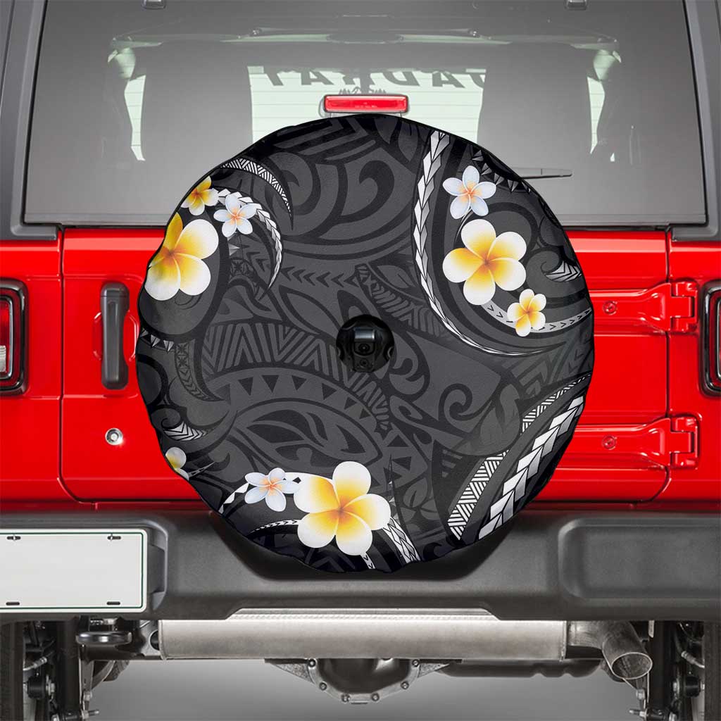 Black And Gray Spare Tire Cover Curves Polynesian Tattoo Mix Plumeria Flowers LT14 - Polynesian Pride