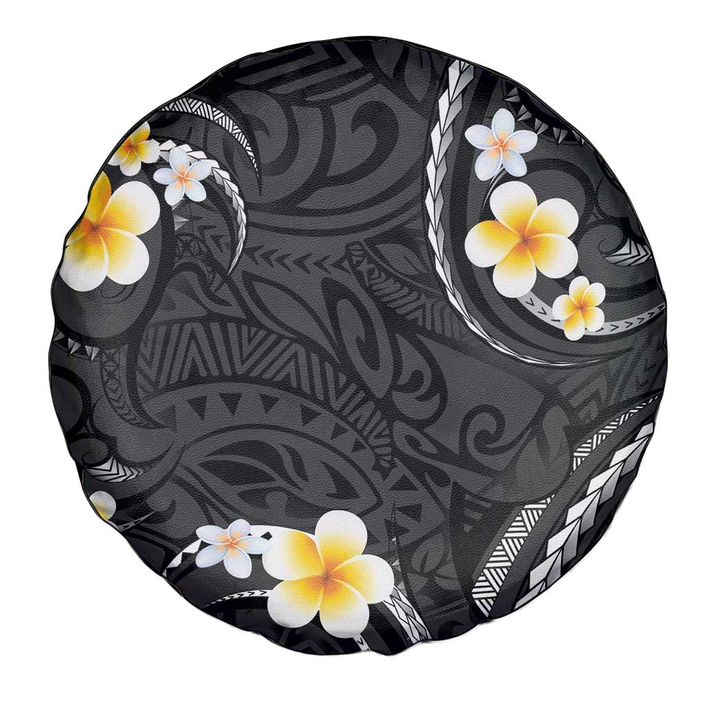 Black And Gray Spare Tire Cover Curves Polynesian Tattoo Mix Plumeria Flowers LT14 - Polynesian Pride