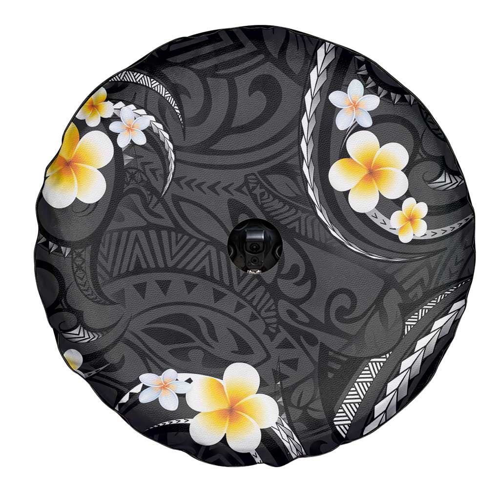 Black And Gray Spare Tire Cover Curves Polynesian Tattoo Mix Plumeria Flowers LT14 - Polynesian Pride