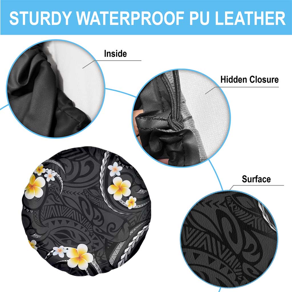 Black And Gray Spare Tire Cover Curves Polynesian Tattoo Mix Plumeria Flowers LT14 - Polynesian Pride