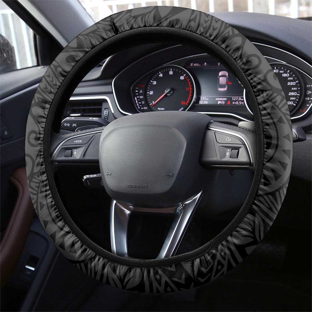 Black And Gray Steering Wheel Cover Curves Polynesian Tattoo Mix Plumeria Flowers LT14 - Polynesian Pride
