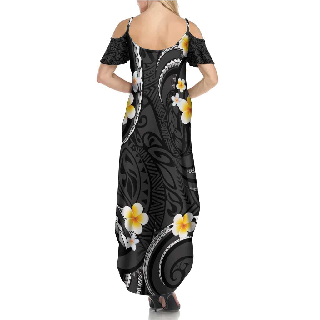 Black And Gray Summer Maxi Dress Curves Polynesian Tattoo Mix Plumeria Flowers LT14 - Polynesian Pride
