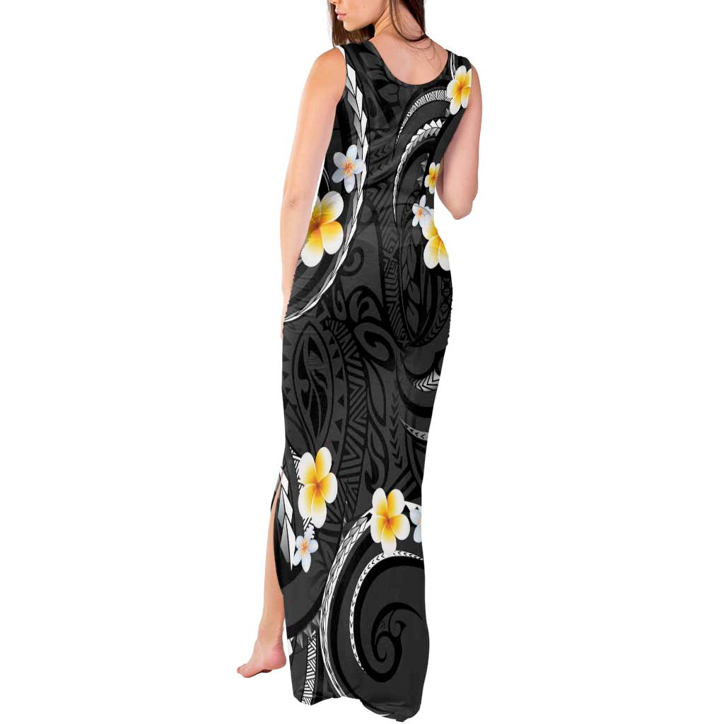 Black And Gray Tank Maxi Dress Curves Polynesian Tattoo Mix Plumeria Flowers LT14 - Polynesian Pride