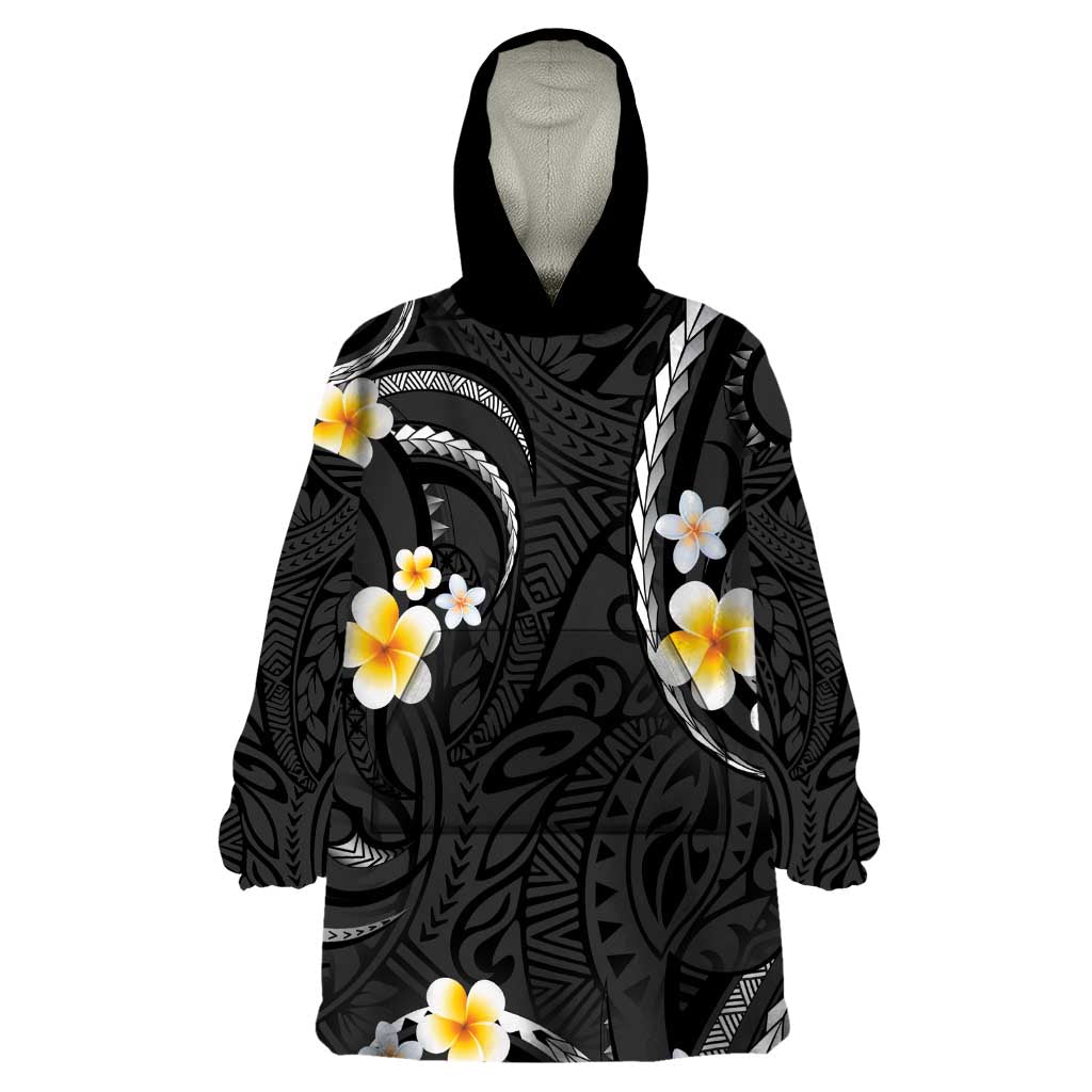 Black And Gray Wearable Blanket Hoodie Curves Polynesian Tattoo Mix Plumeria Flowers