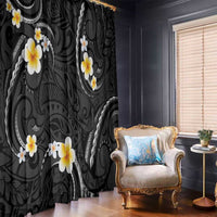 Black And Gray Window Curtain Curves Polynesian Tattoo Mix Plumeria Flowers LT14 - Polynesian Pride