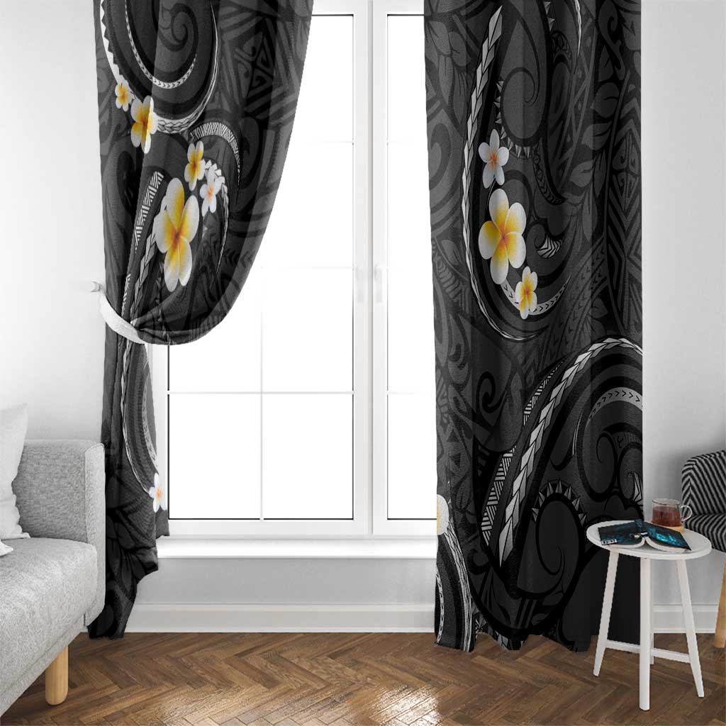 Black And Gray Window Curtain Curves Polynesian Tattoo Mix Plumeria Flowers LT14 - Polynesian Pride