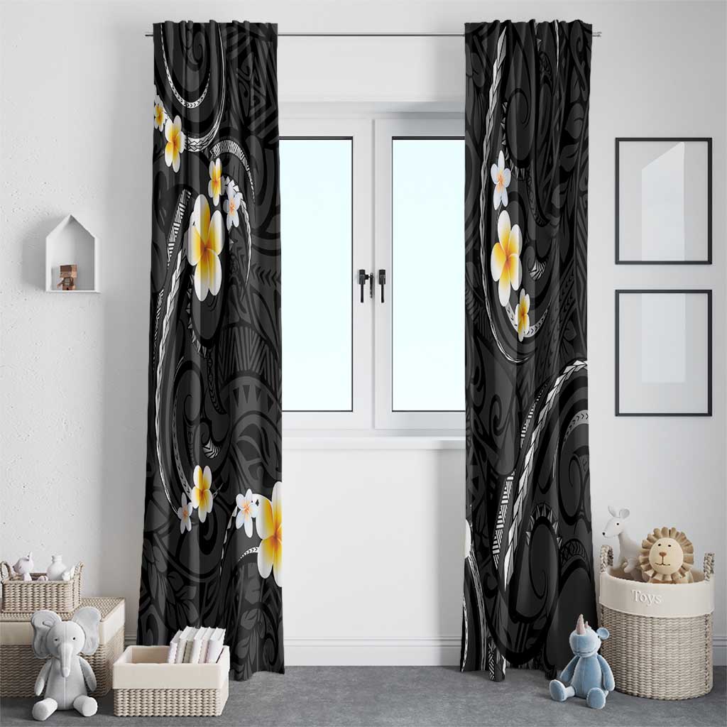 Black And Gray Window Curtain Curves Polynesian Tattoo Mix Plumeria Flowers LT14 - Polynesian Pride