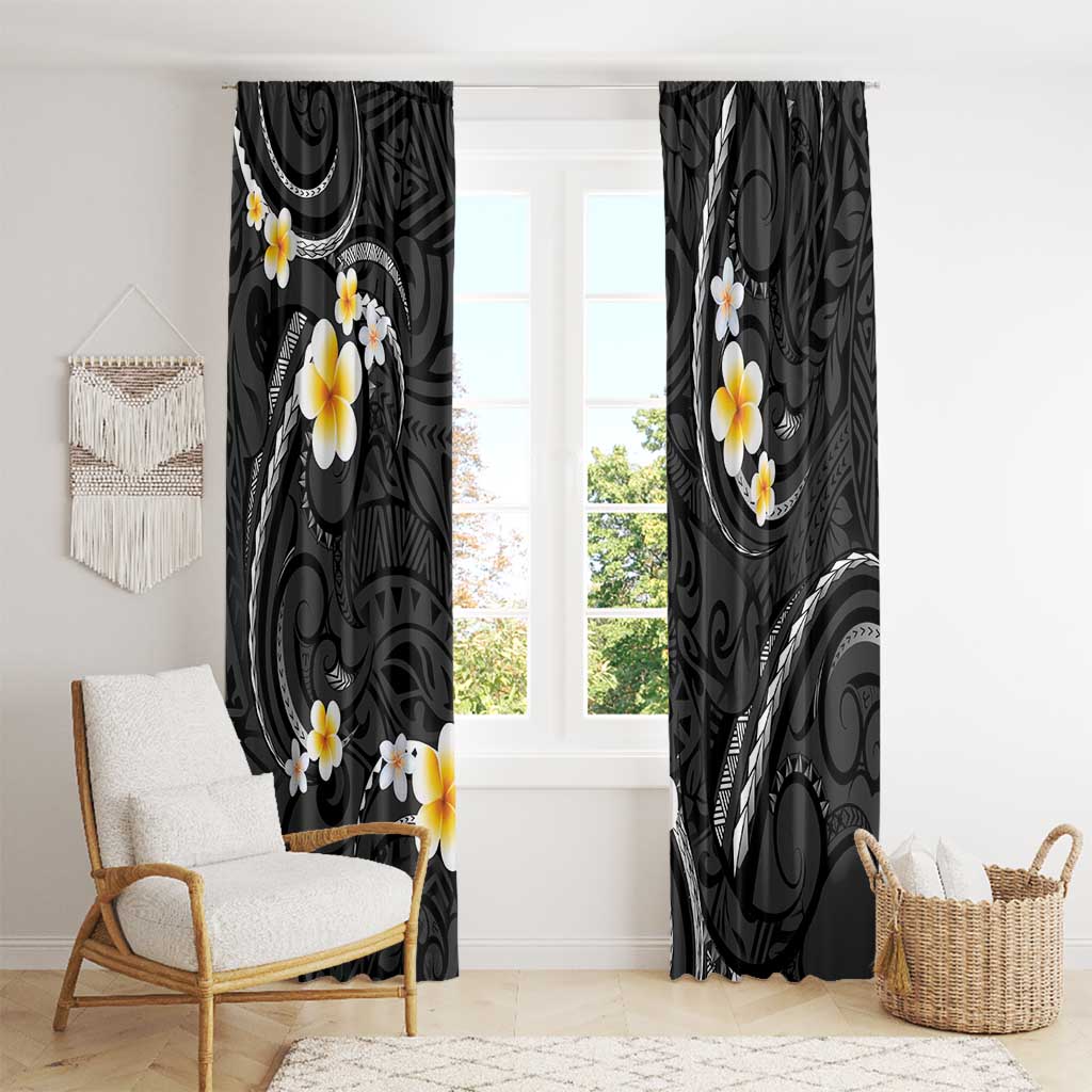 Black And Gray Window Curtain Curves Polynesian Tattoo Mix Plumeria Flowers LT14 - Polynesian Pride
