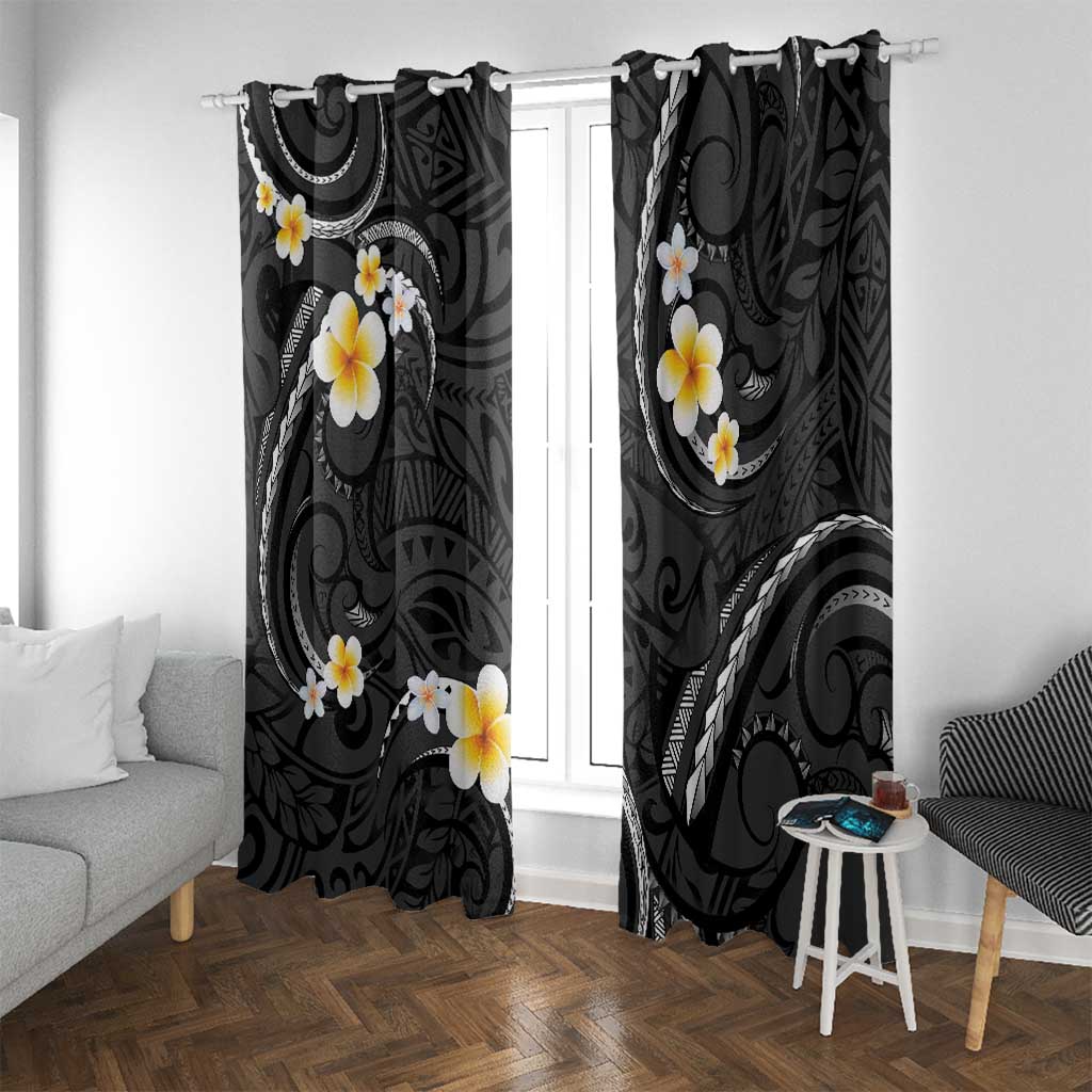 Black And Gray Window Curtain Curves Polynesian Tattoo Mix Plumeria Flowers LT14 With Grommets Gray - Polynesian Pride