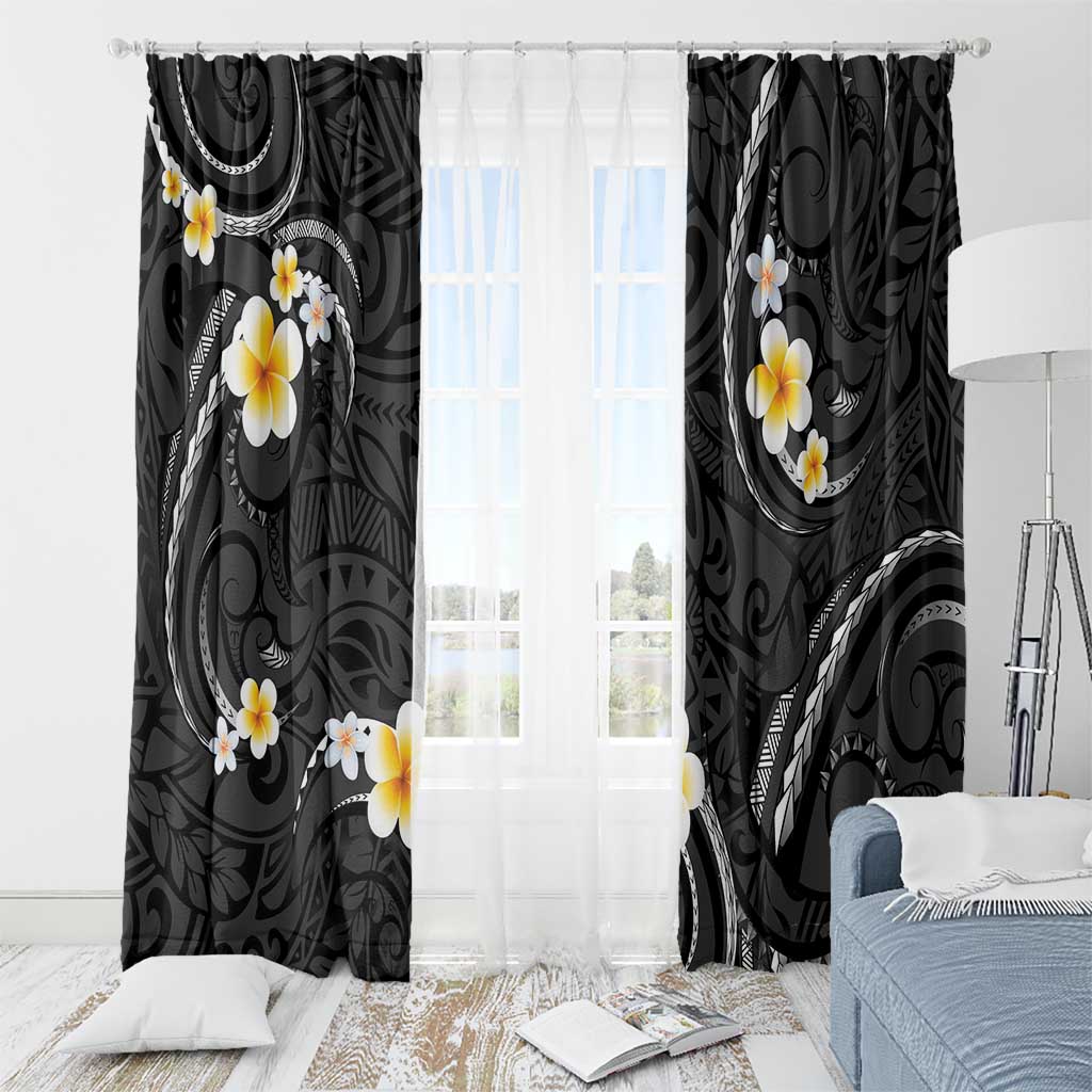 Black And Gray Window Curtain Curves Polynesian Tattoo Mix Plumeria Flowers LT14 - Polynesian Pride