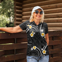 Black And Gray Women Polo Shirt Curves Polynesian Tattoo Mix Plumeria Flowers