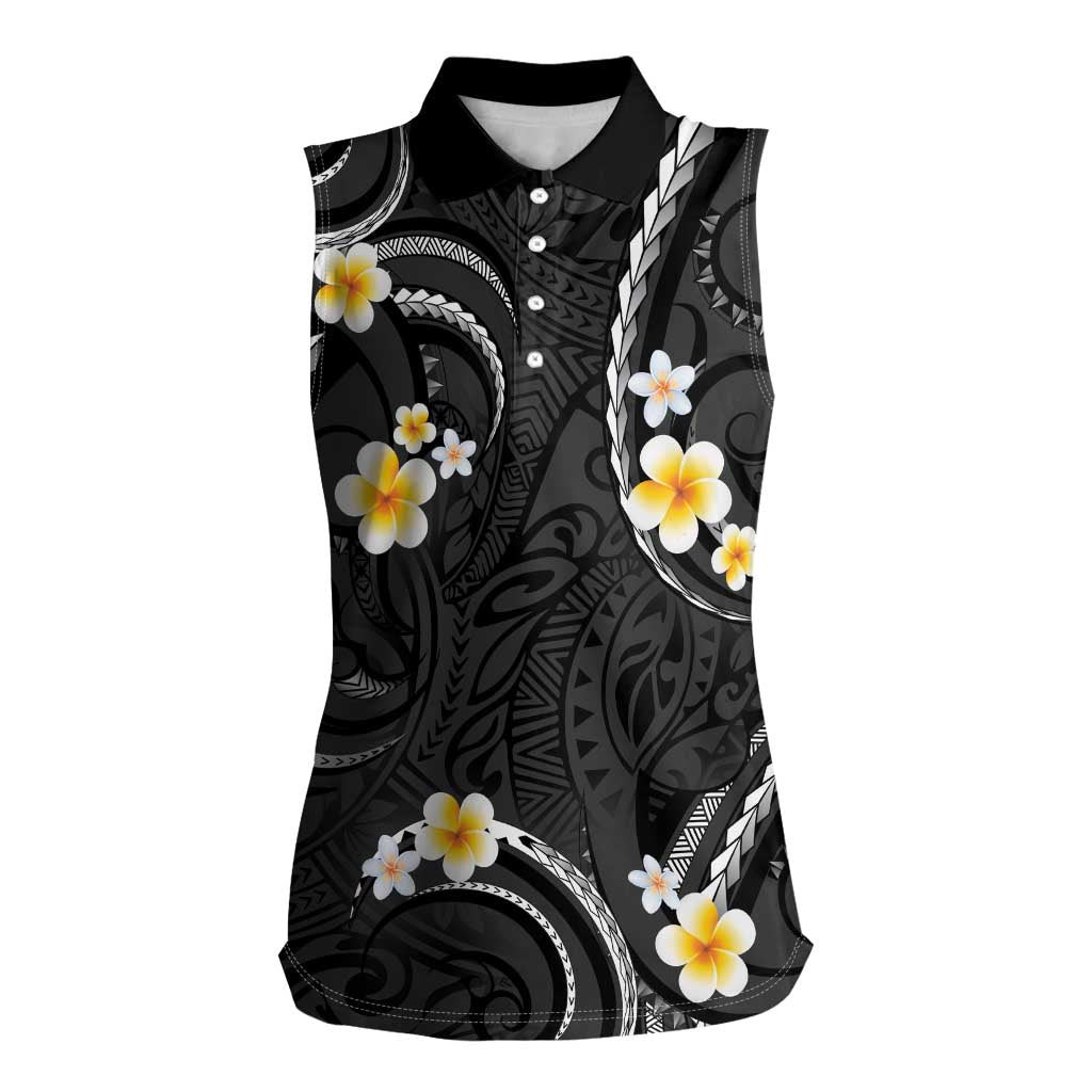 Black And Gray Women Sleeveless Polo Shirt Curves Polynesian Tattoo Mix Plumeria Flowers