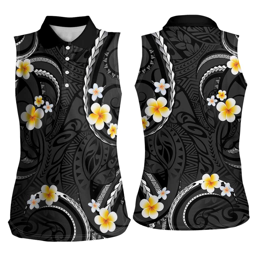 Black And Gray Women Sleeveless Polo Shirt Curves Polynesian Tattoo Mix Plumeria Flowers