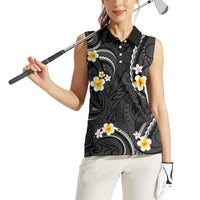Black And Gray Women Sleeveless Polo Shirt Curves Polynesian Tattoo Mix Plumeria Flowers