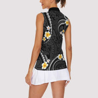 Black And Gray Women Sleeveless Polo Shirt Curves Polynesian Tattoo Mix Plumeria Flowers
