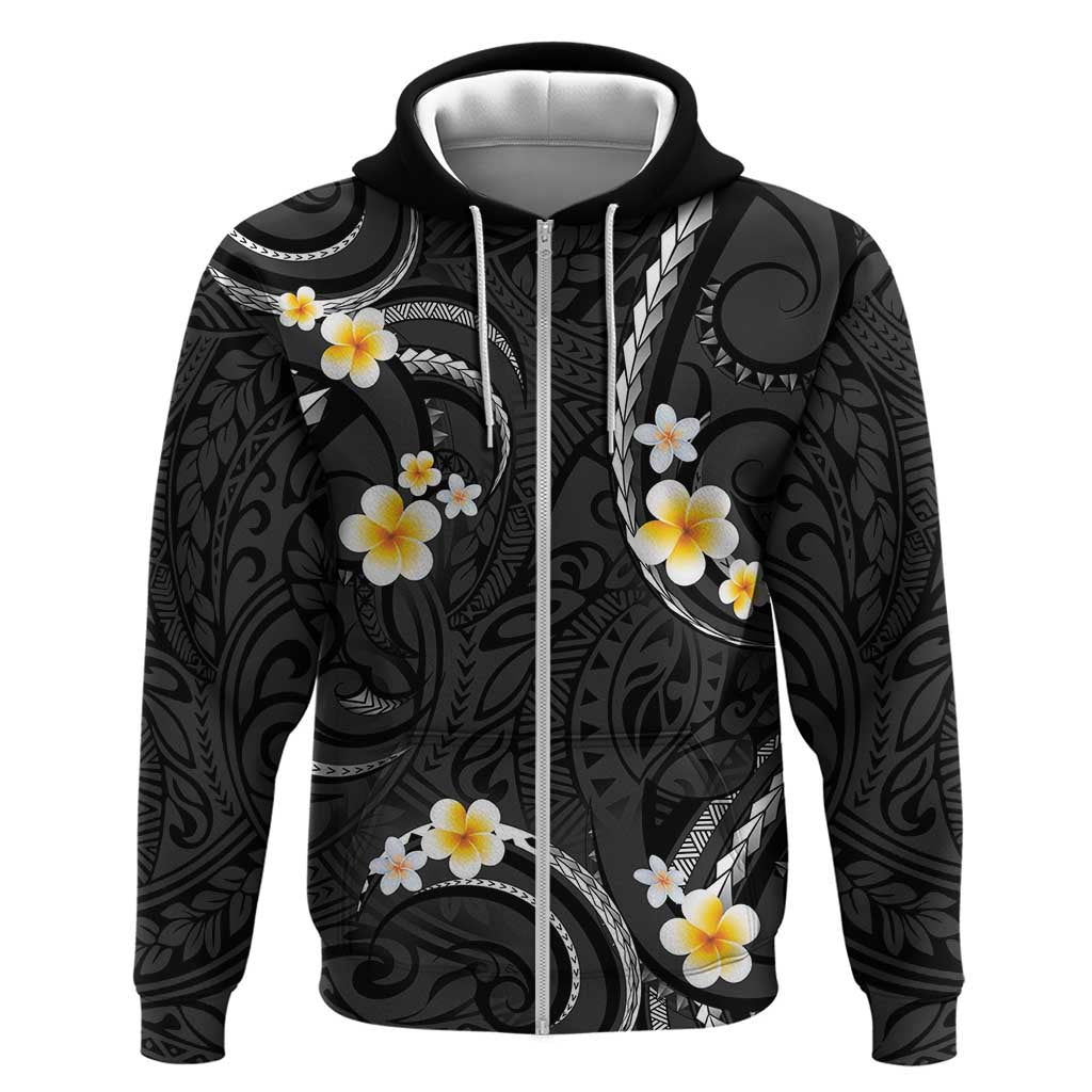 Black And Gray Zip Hoodie Curves Polynesian Tattoo Mix Plumeria Flowers