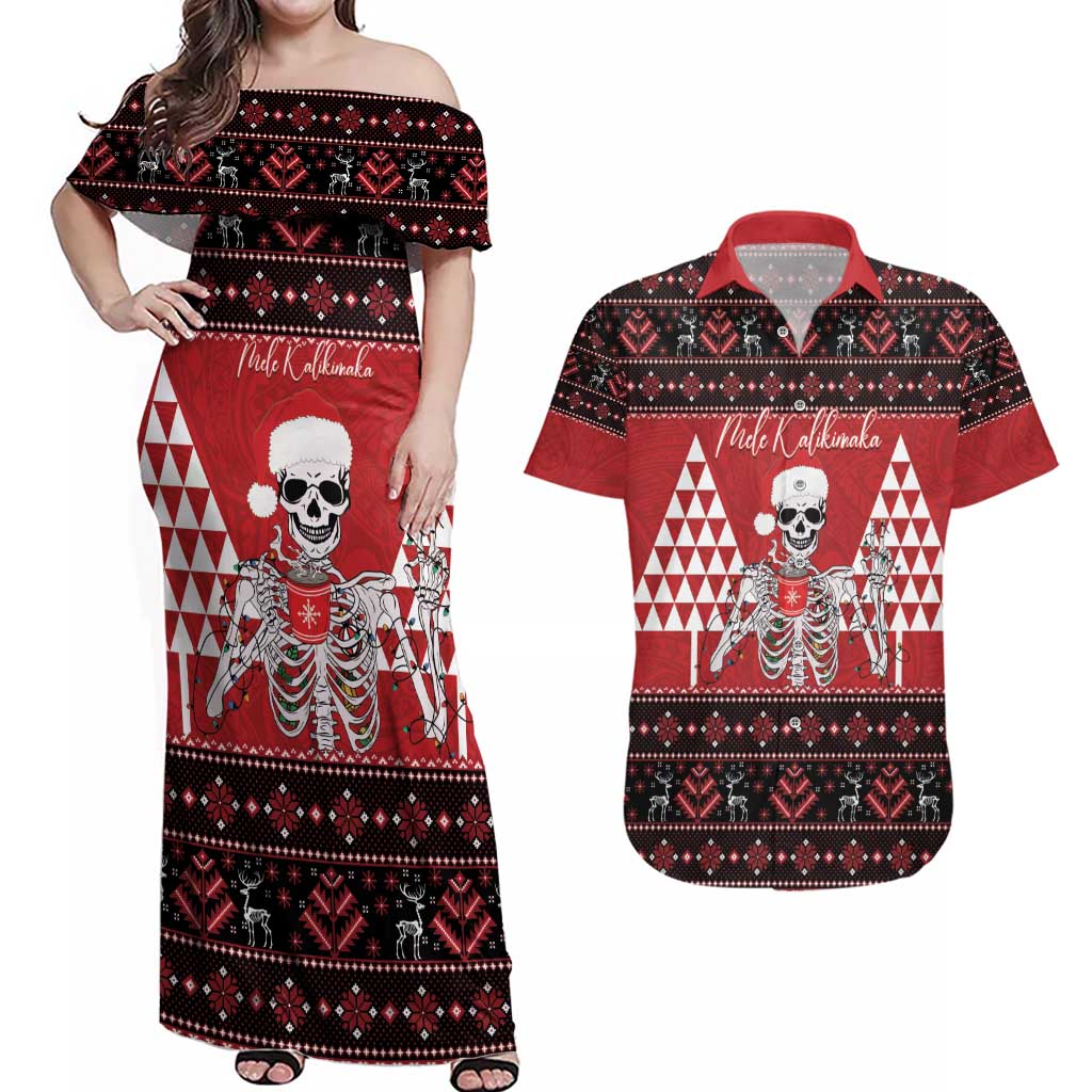 Personalized Hawaii Skull Christmas Couples Matching Off Shoulder Maxi Dress and Hawaiian Shirt Mele Kalikimaka Hawaiian Kakau - Polynesian Pride
