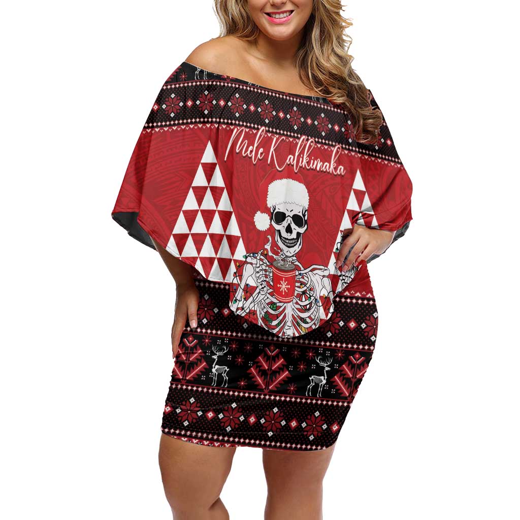Personalized Hawaii Skull Christmas Family Matching Off Shoulder Short Dress and Hawaiian Shirt Mele Kalikimaka Hawaiian Kakau - Polynesian Pride