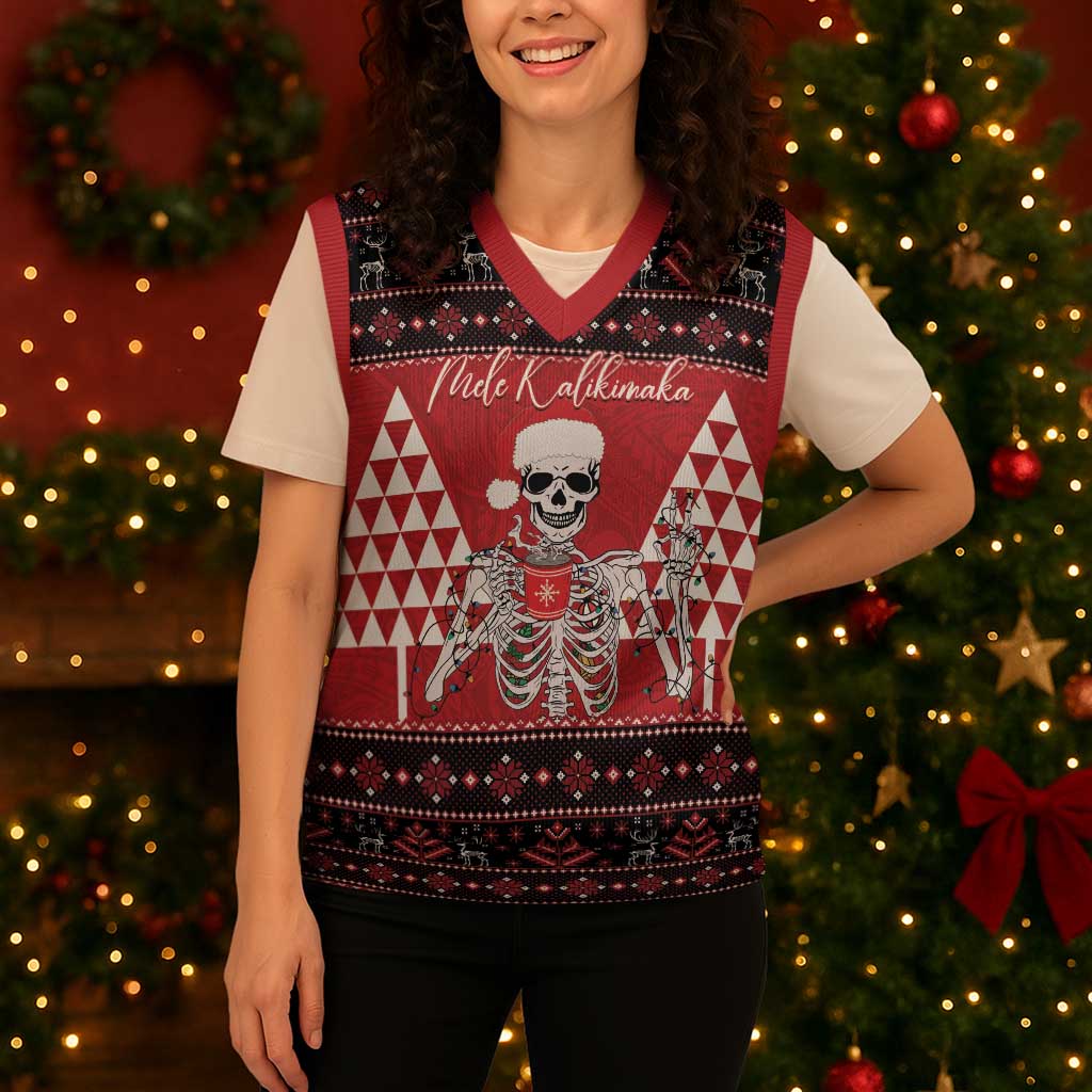Personalized Hawaii Skull Christmas Knitted V-Neck Vest Mele Kalikimaka Hawaiian Kakau - Polynesian Pride