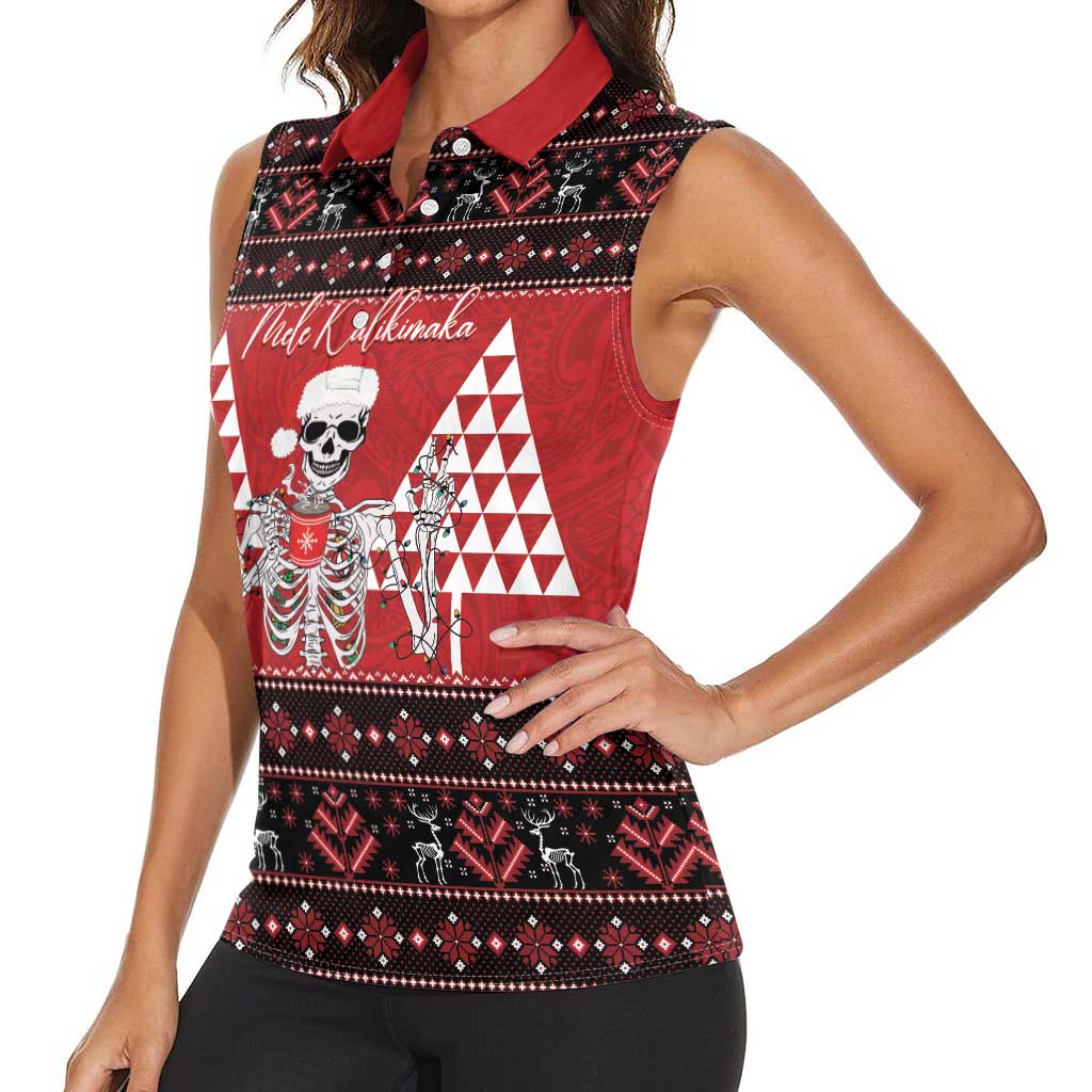 Personalized Hawaii Skull Christmas Women Sleeveless Polo Shirt Mele Kalikimaka Hawaiian Kakau - Polynesian Pride