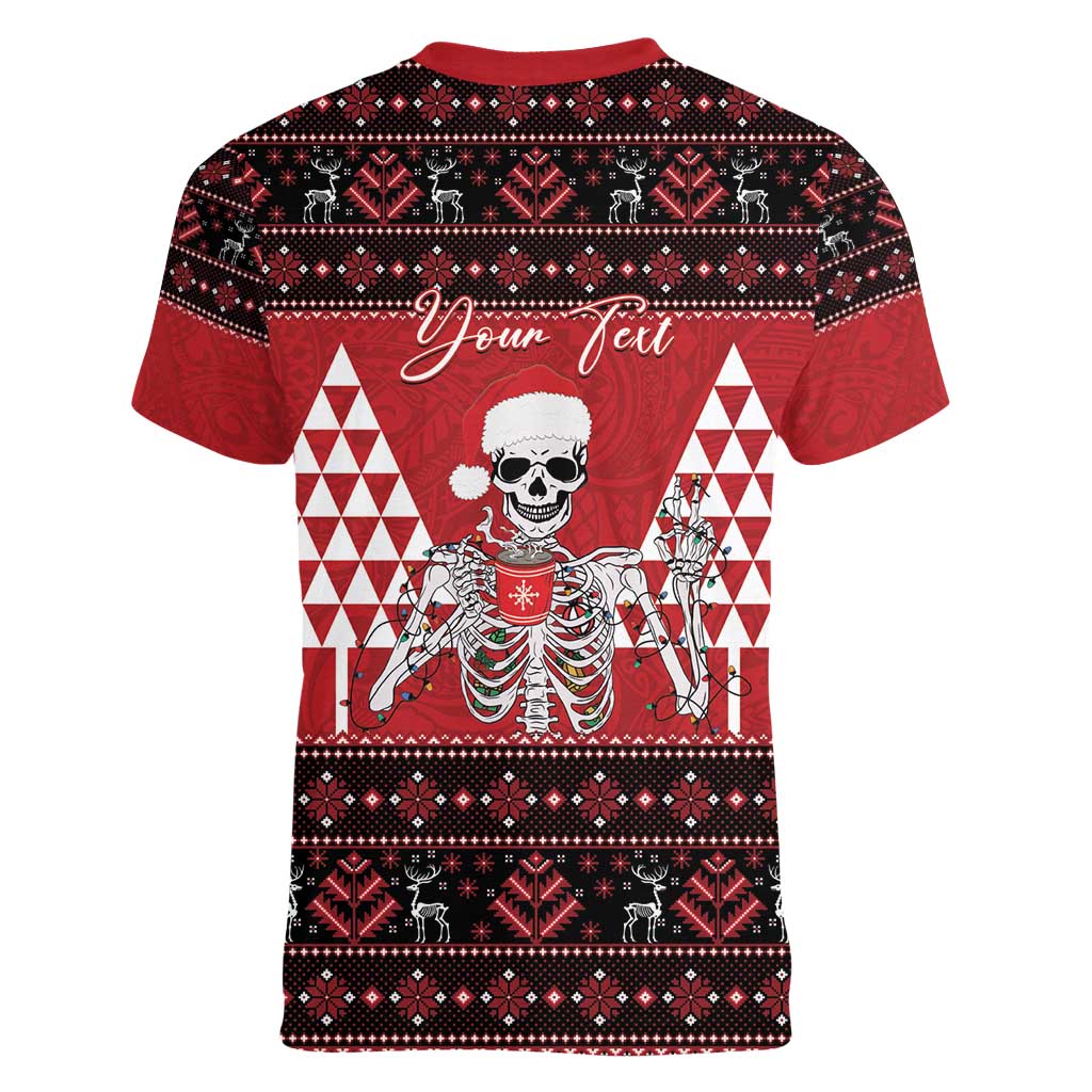 Personalized Hawaii Skull Christmas Women V-Neck T-Shirt Mele Kalikimaka Hawaiian Kakau - Polynesian Pride