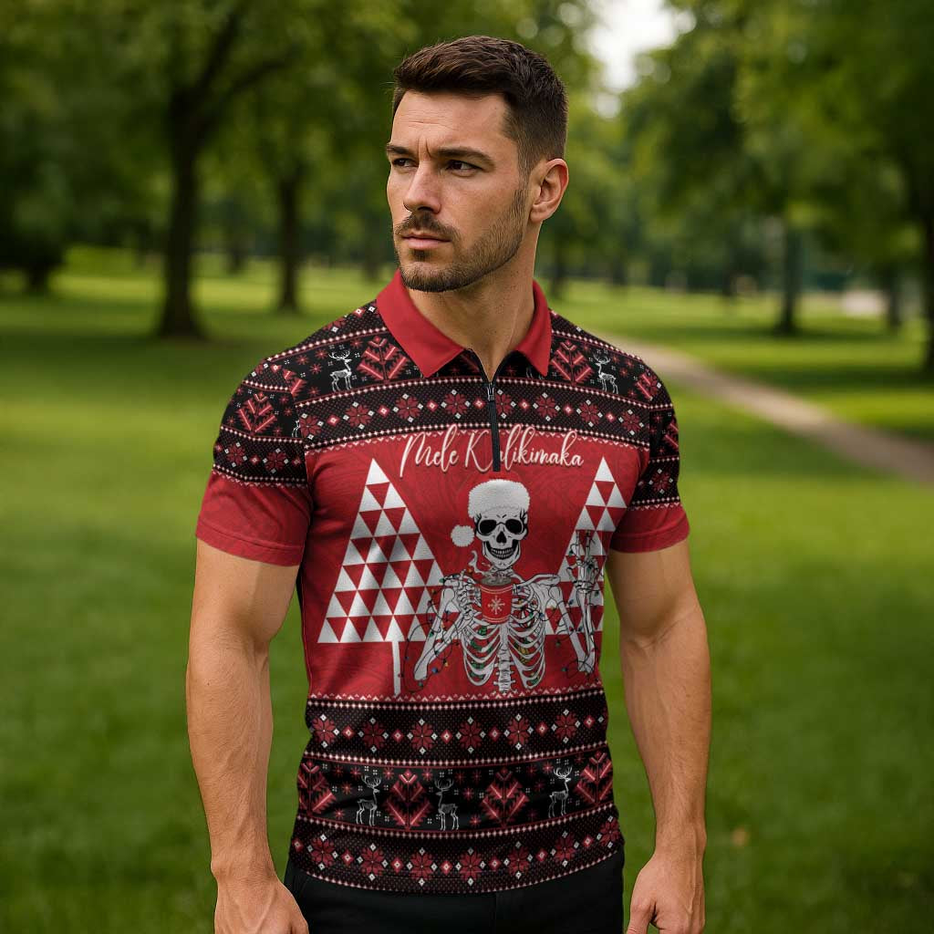 Personalized Hawaii Skull Christmas Zipper Polo Shirt Mele Kalikimaka Hawaiian Kakau - Polynesian Pride