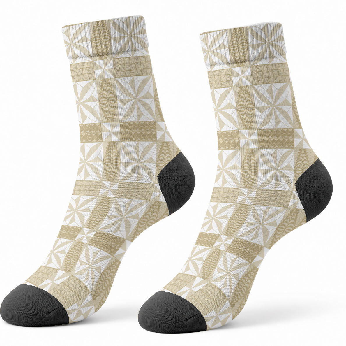 Beige Ngatu Pattern Malo e Lelei Tonga Crew Socks LT14 - Polynesian Pride