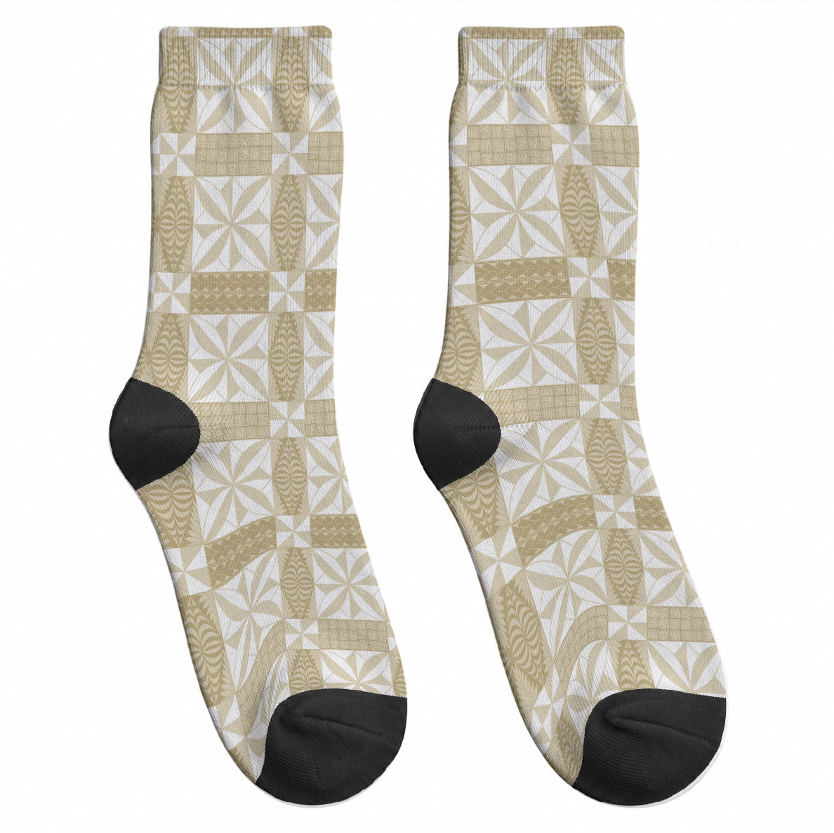 Beige Ngatu Pattern Malo e Lelei Tonga Crew Socks LT14 - Polynesian Pride