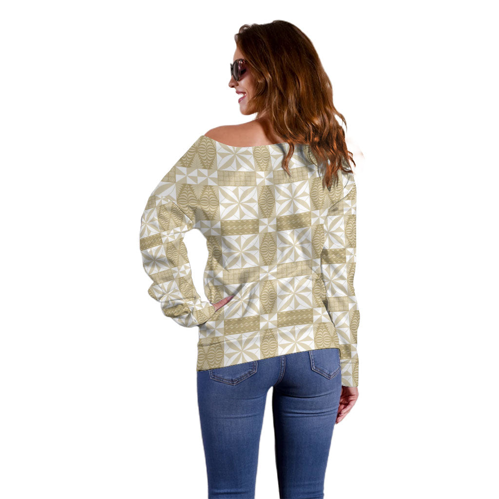 Beige Ngatu Pattern Malo e Lelei Tonga Off Shoulder Sweater LT14 - Polynesian Pride
