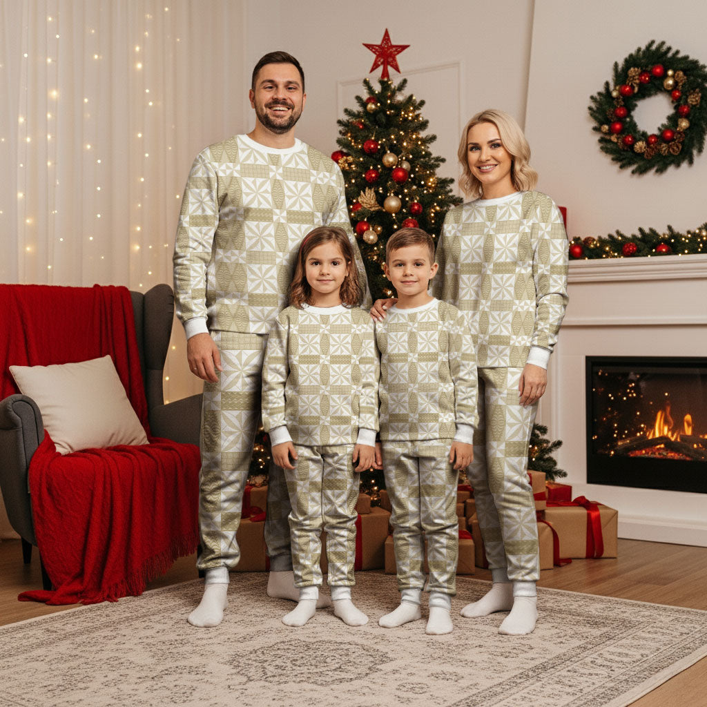 Beige Ngatu Pattern Malo e Lelei Tonga Christmas Pajama Set LT14 - Polynesian Pride