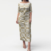 Beige Ngatu Pattern Malo e Lelei Tonga Puletasi LT14 Long Dress Beige - Polynesian Pride