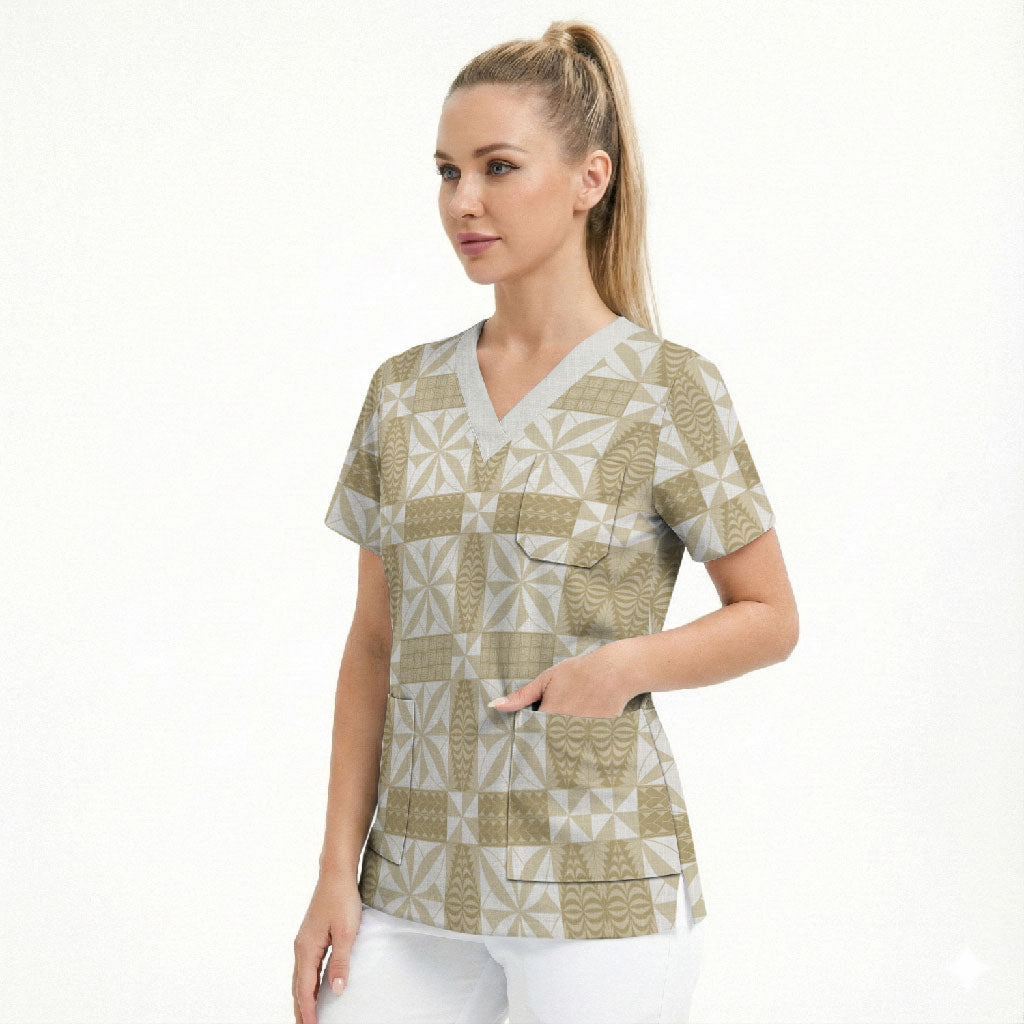 Beige Ngatu Pattern Malo e Lelei Tonga Scrub Top LT14 - Polynesian Pride