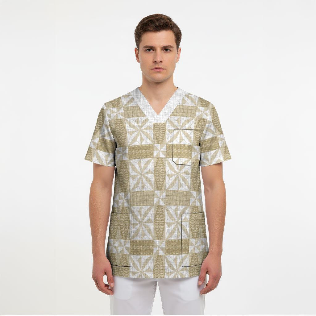 Beige Ngatu Pattern Malo e Lelei Tonga Scrub Top LT14 - Polynesian Pride
